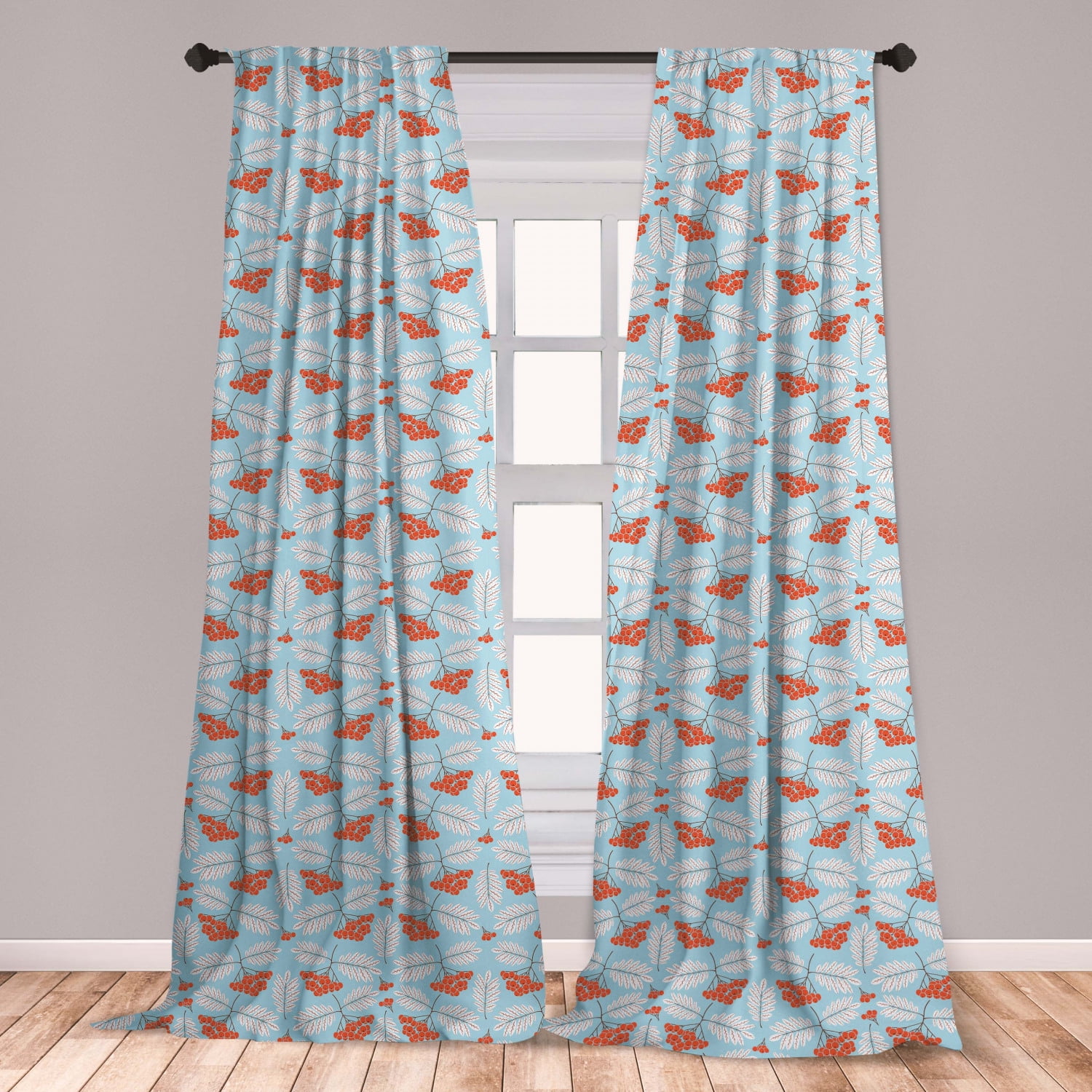 Orange Blue Curtains 2 Panels Set, Winter Rowan Pattern with Frosted