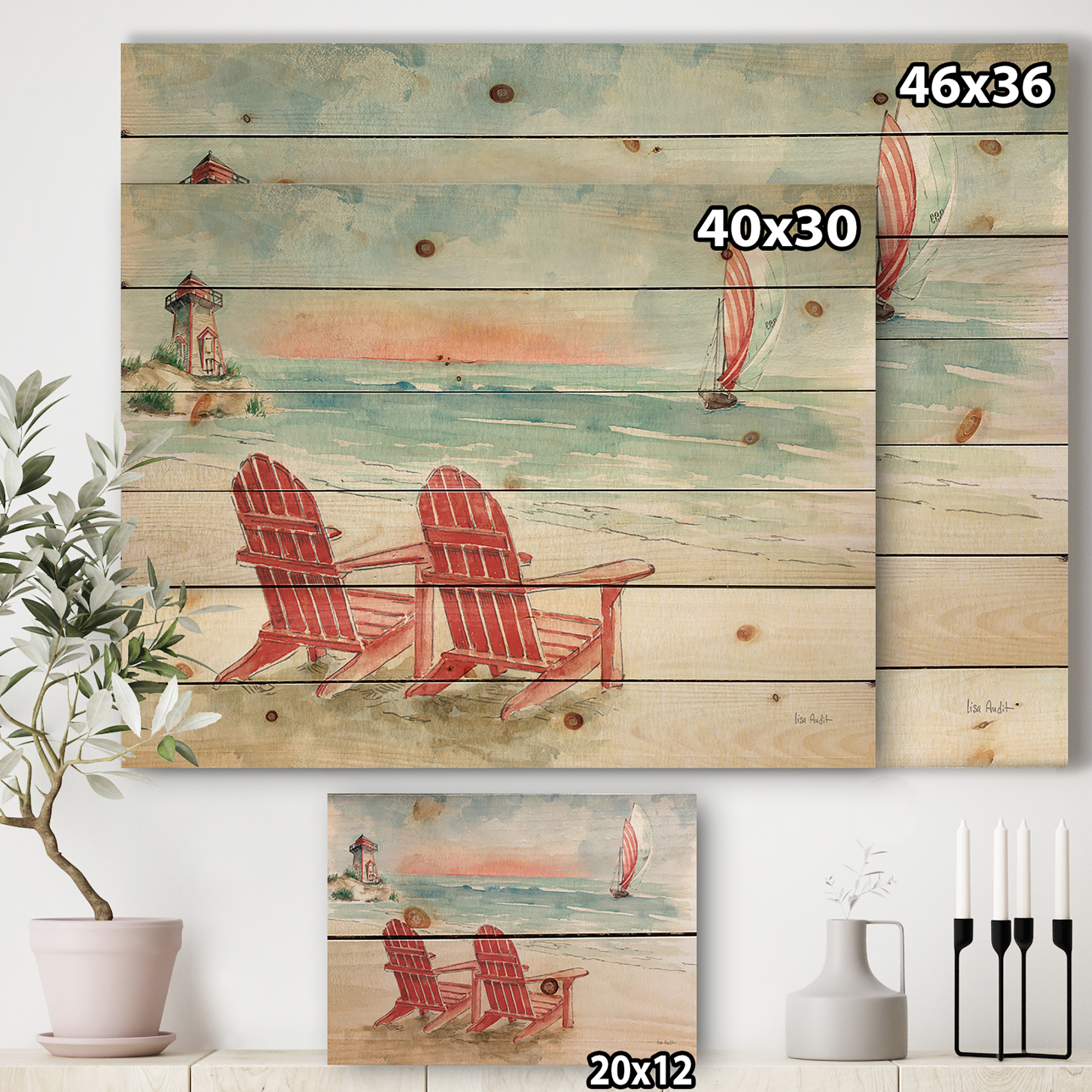 Designart 'Coastal Chair Relax Beach II' Nautical & Coastal Print on Natural Pine Wood