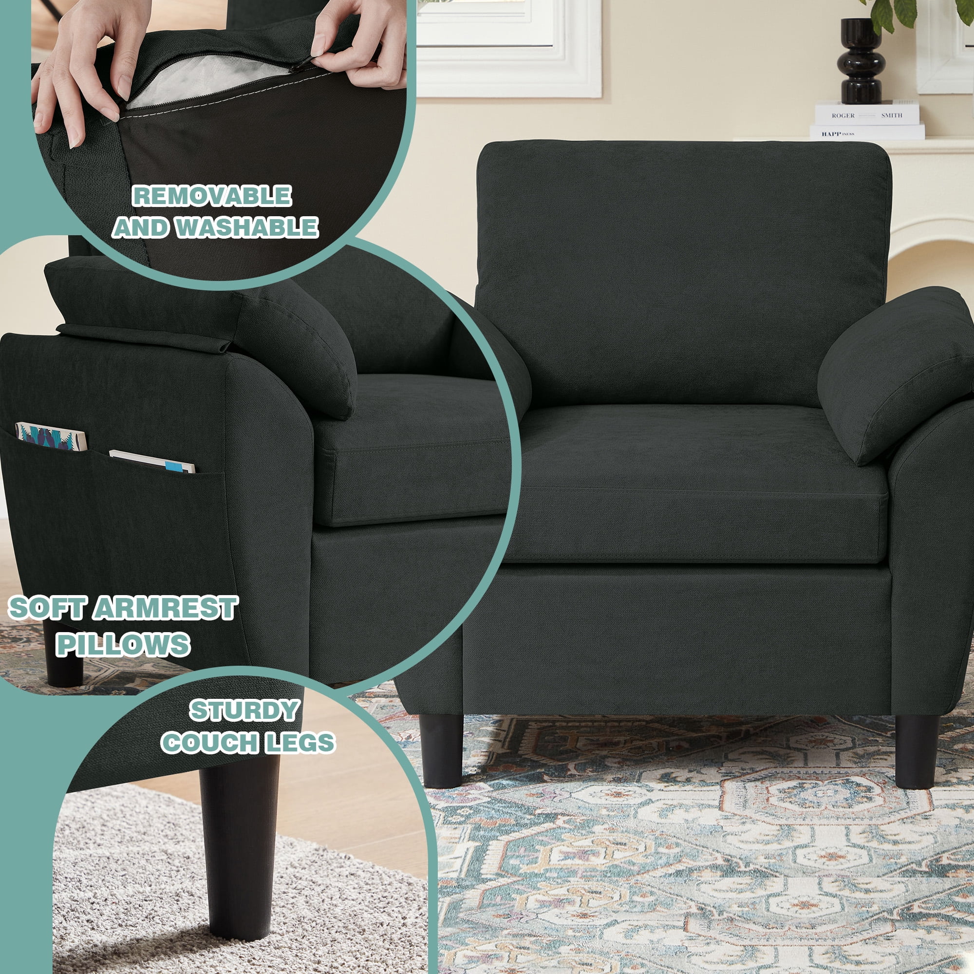 Jarenie Chireca 4 Piece Convertible Sectional Sofa Set, Modern Linen Small L Shaped Couch with Reversible Chaise, 3-Seater Sofa & Loveseat & Armchair for Living Room, Office, Apartment, Black