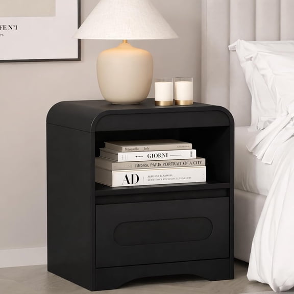 Wood Nightstand with Drawers, Curved Bedside Side End Table w/Open Storage，Black