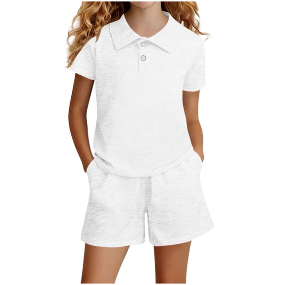 CYRBOKO Girls Polo Shirts Outfit Sets, Two Pieces Summer Elastic Waist Short Sleeve Polos and Shorts with Pockets White Size 11-12 T
