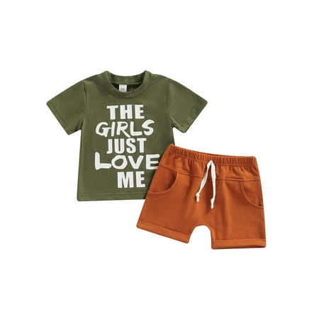 

Genuiskids Newborn Baby Boy 2Pcs Summer T-Shirt Set Infant Short Sleeve Letter Print O-Neck Top + Plain White Straps Short Pants Clothes