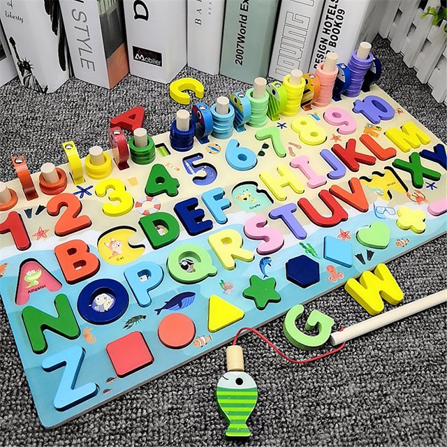Juguetes de pesca de madera para niños, bloques de apilamiento de números, juguetes educativos tempranos para niños, figuras con letras 6 en 1, placa logarítmica Inevent FN0391-07B