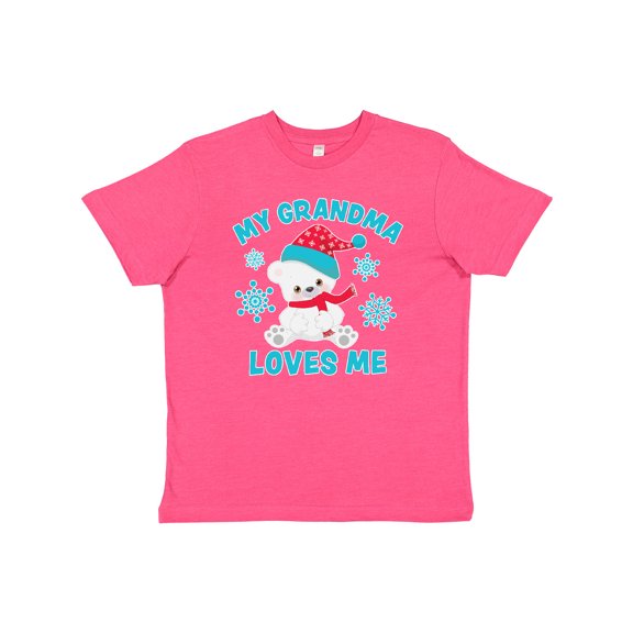 Inktastic Polar Bear My Grandma Loves Me in Santa Hat with Snowflakes Youth T-Shirt