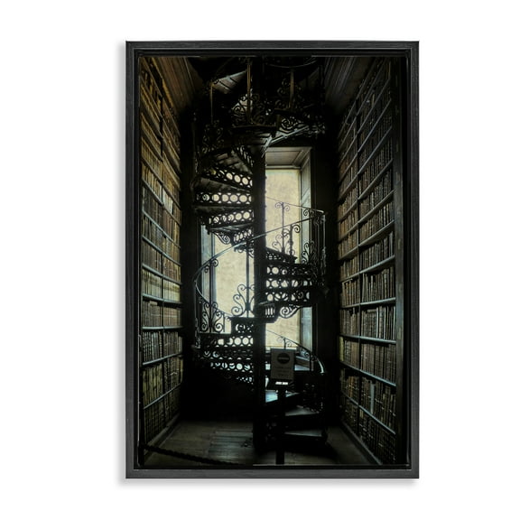 Stupell Industries Vintage Library Spiral Stairs Buildings & Architecture Painting Black Floater Framed Canvas Art Print Wall Art, 17 x 25