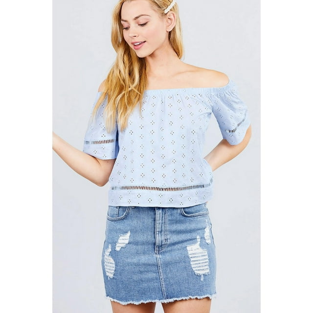 Elbow Sleeve Off The Shoulder Lace Trim Eyelet Detail Woven Top S