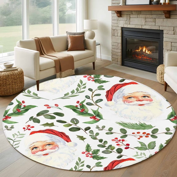 Christmas Santa Round Area Rug 5 FT, Non Slip Bedroom Area Rug, Xmas Botanical Berry Watercolor Washable Soft Circular Carpet Non-Shedding Floor Mat for Kitchen Dining Room Foyer Balcony Dorm
