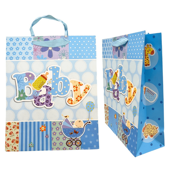 10 in x 12 in Baby Boy Medium Decorative Gift Bag, Baby Shower Gift Bag with Polka Dots, Flowers, Stroller Design, Ribbon Handles, Durable Cute Bag for Clothes, Toys, Celebration, Blue