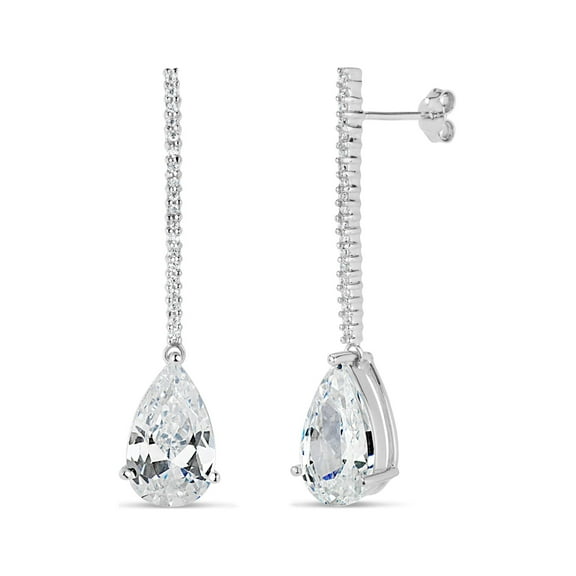 Pearshaped White Cubic Zirconia Sterling Silver Rhodium Plated Linear Drop Earrings