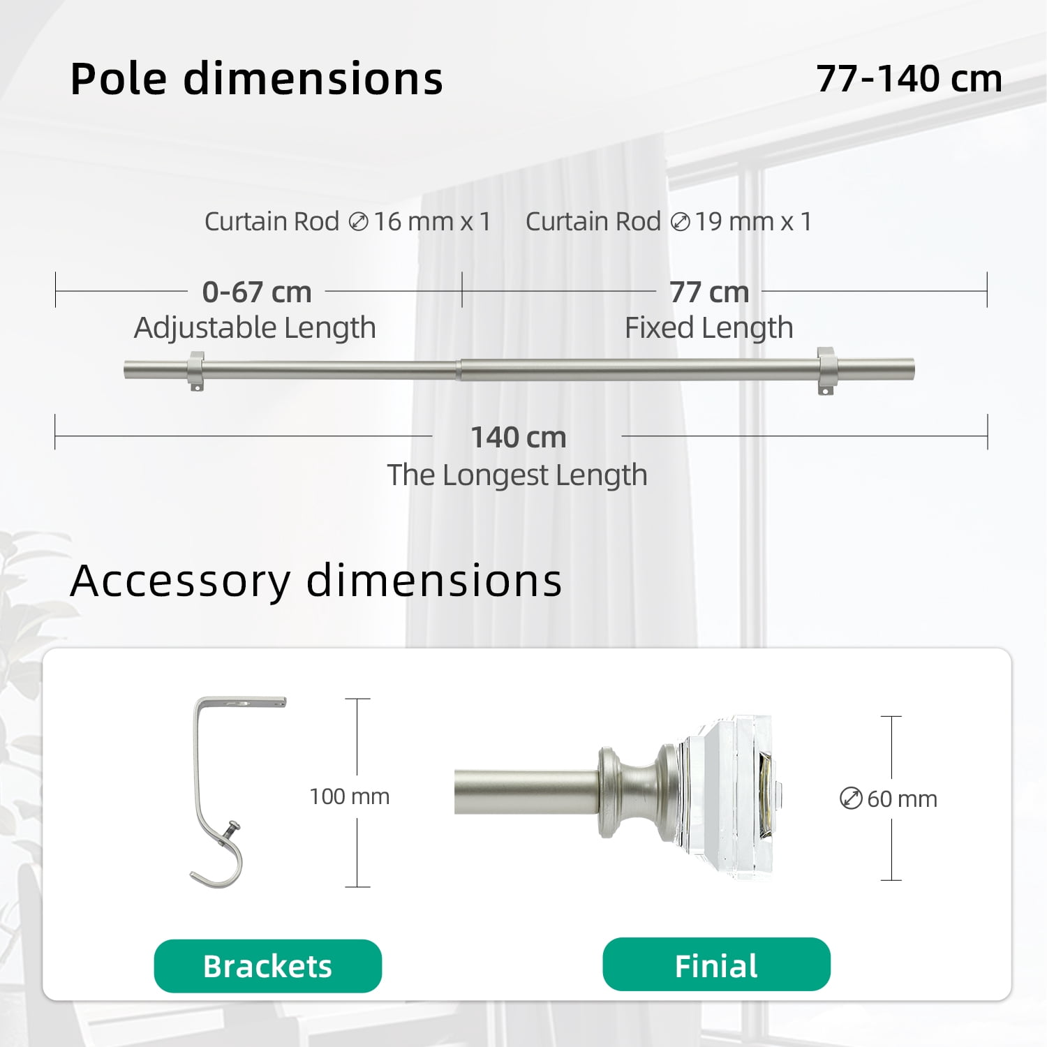 Curtain Rods 30-55" Champagne Adjustable drapery rod with 60mm clear square finials and 3 piece wall brackets.