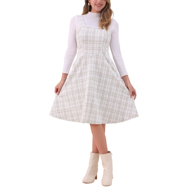 Vestido Tweed INSPIRE CHIC sin mangas con escote cuadrado, vestido de corte A con estampado de cuadros, color blanco