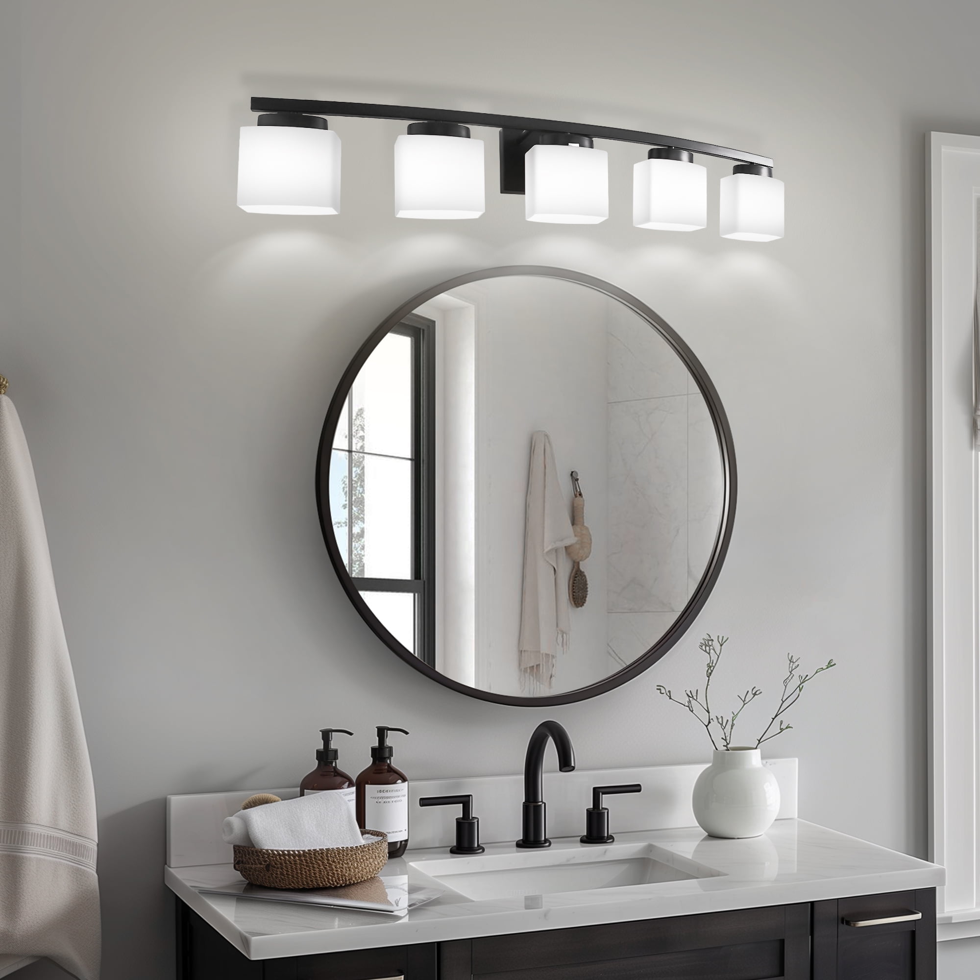 Briignite 5-Light Bathroom Light Fixture with Milk Glass Shades, Modern Stylish Vanity Lighting Fixtures for Bathroom, Black and White
