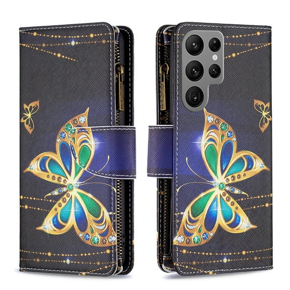 Nalacover for Samsung Galaxy S24 Ultra Zipper Wallet Case with Card Slots Holder, Floral Flower Pattern PU Leather Flip Cover for Women Girls, Wrist Strap Kickstand Magnetic Clasp Case, Gold Butterfly