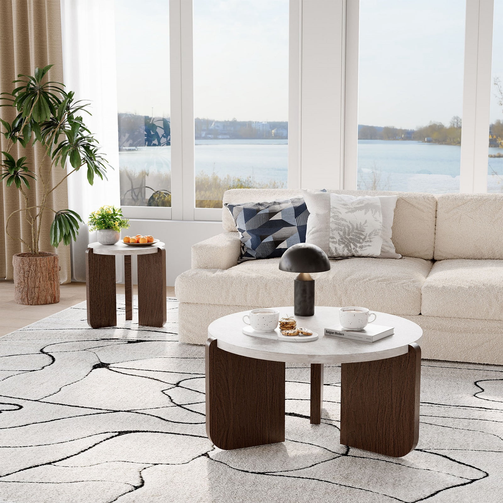 FOROUTIA Small Round Side Table with 3 Walnut Legs ,Morden Faux Marble Top Design