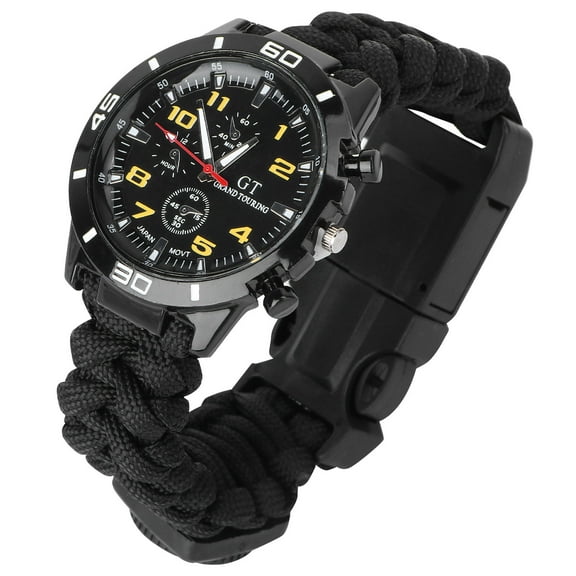 HONITANO Outdoor Watch with Compass and Thermometer Parachute Cord 1Set for Hiking Survival Black Yellow