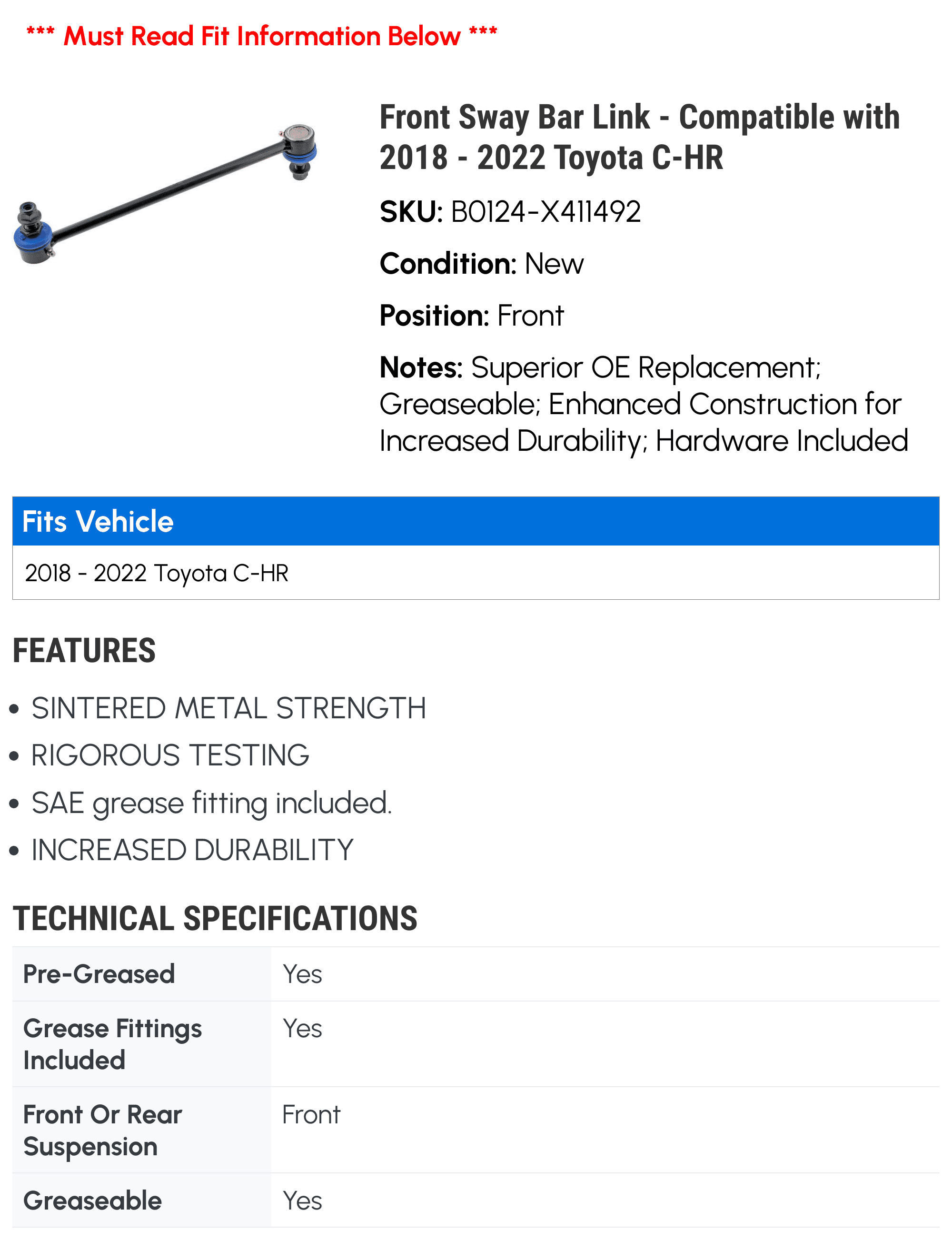 Front Sway Bar Link - Compatible with 2018 - 2022 Toyota C-HR 2019 2020 2021