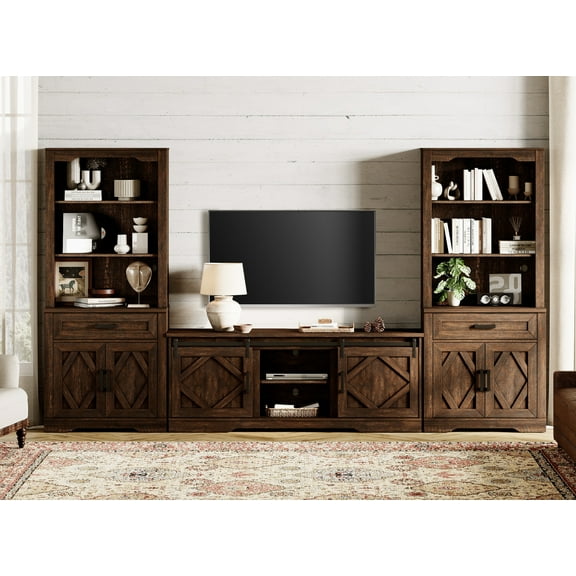 WAMPAT Farmhouse Entertainment Center with Bookshelf for TVs up to 75",Mid Century Modern TV Stand with 73"H Tall 5-Tier Bookcase with Open Storage and Barn Doors for Living Room,Bedroom,Rustic Brown