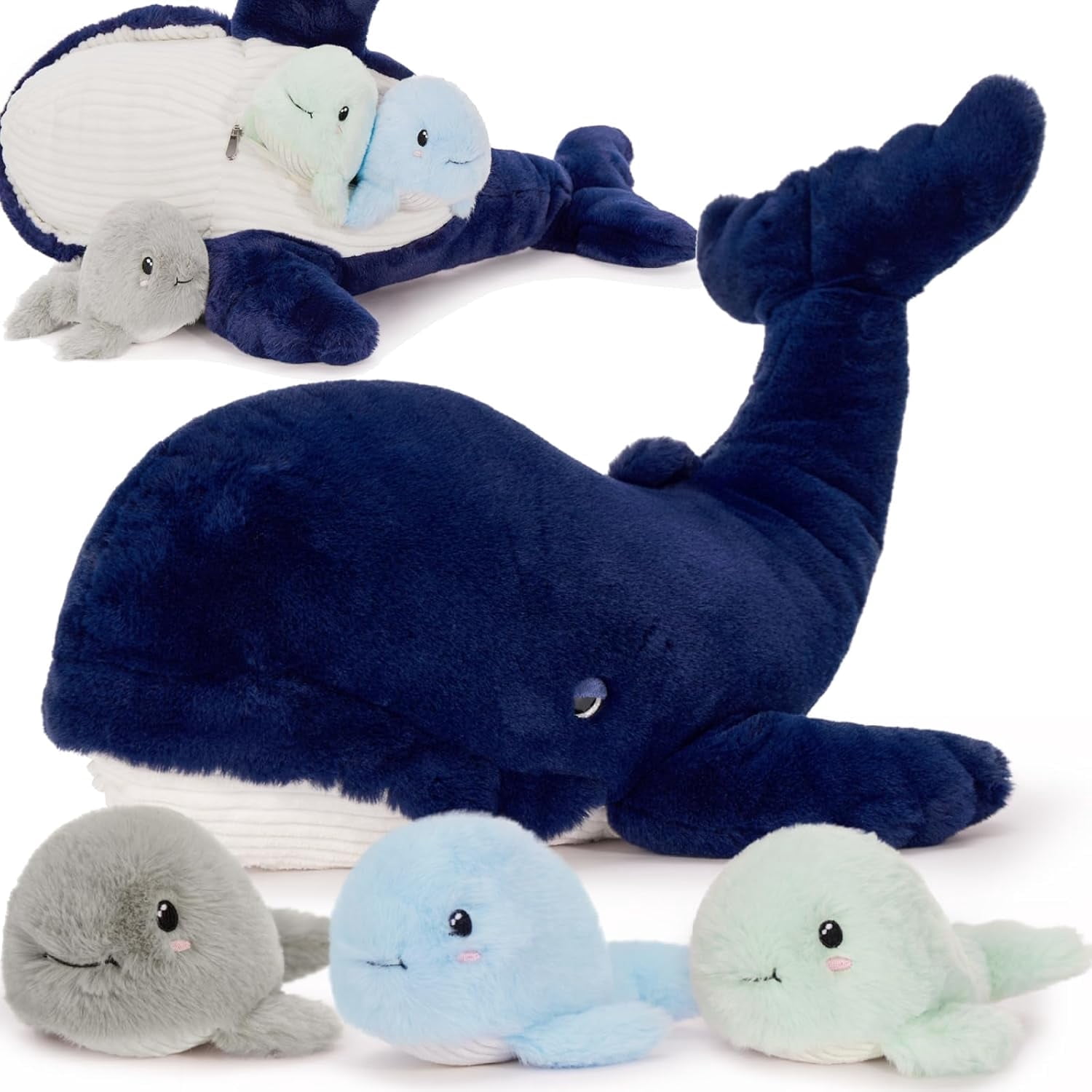 MaoGoLan 4pcs Blue Whale Stuffed Animals 19'' Giant Whale With 3 Whale Babies Plush Toy