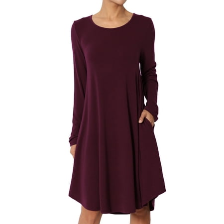 Trapeze Cocktail - TheMogan Women's Casual Long Sleeve Trapeze Knit Pocket Shift T-Shirt Dress