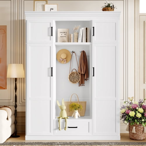 Hall Tree with Bench, Modern Entryway Storage Cabinet with 3 Hooks, 4 Doors & 1 Drawer, Large 85.2" Hallway Organizer for Shoes and Coats, White