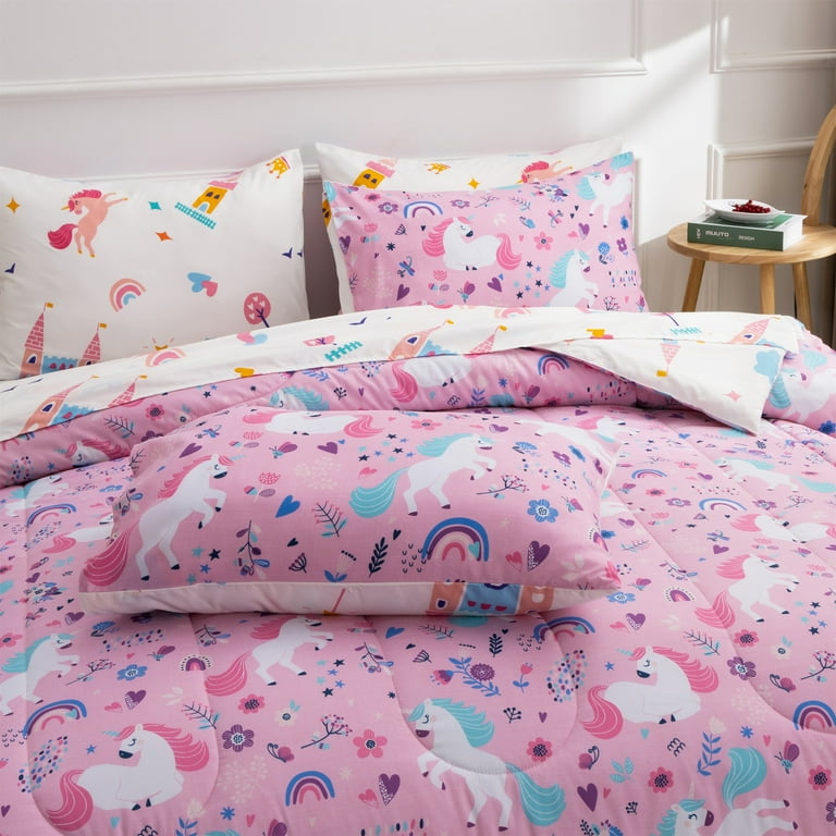 Btargot 5Pcs Pink Floral Unicorn Bedding Set for Girls Rainbow