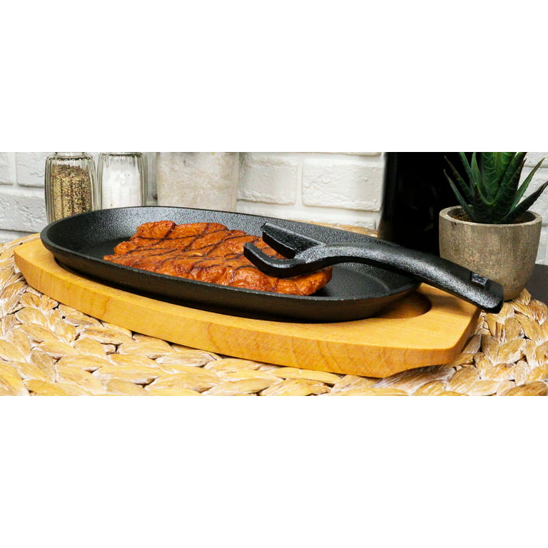 Cast Iron Steak and Fajita Platter Plate 9 x 5 1/2 w/ wooden holder and  lifting handle