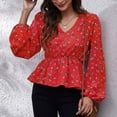 thumbnail image 2 of Womens Sexy Peplum Tops V Neck Lantern Long Sleeve Blouses Fashion Shirts Trendy Plaid Floral Print T Shirt Top, 2 of 5
