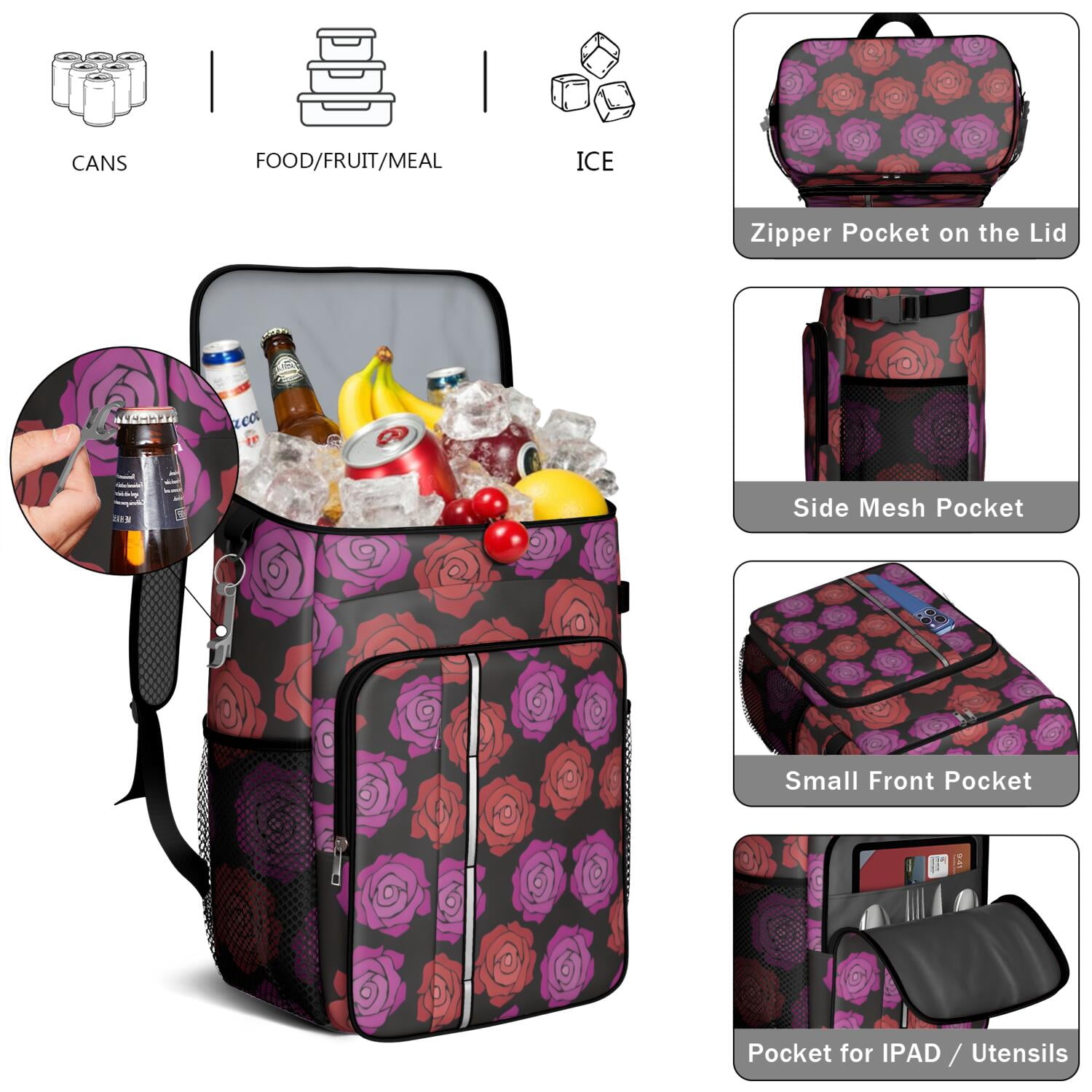 Travel Cooler Bag - Pioneer Flower Floral Print Pattern Camping Beer Cooler Backpack with Bottle Opener- Waterproof Insulated Picnic Backpacks - Cooler Bag for Beach