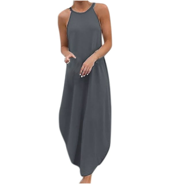 EQWLJWE Long Dress For Women Women's Coton et Lin Col Rond Uni Sans Manches Imprimé Décontracté Fendu Dress