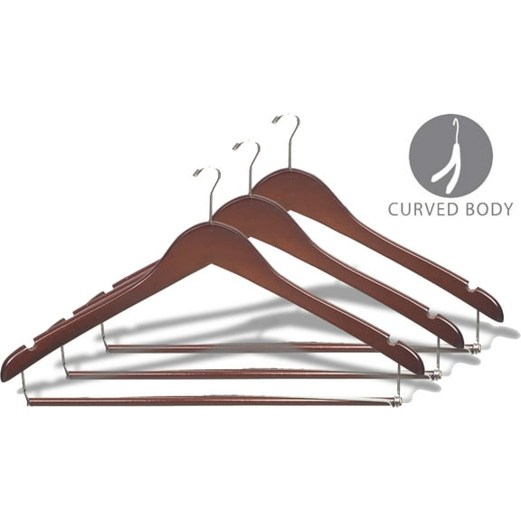 Curved Wood Security Suit Hanger w/ Locking Bar, Box of 50 17 Inch Hangers w/ Walnut Finish & Chrome Anti-Theft Mini Hook & Notches for Shirt Dress or Pants by International Hanger