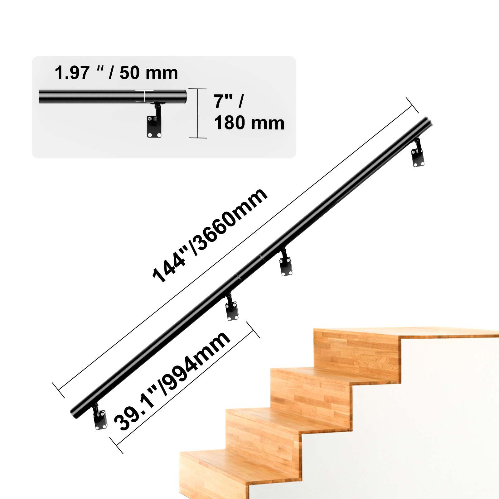 VEVOR 12 ft Wall-Mount Handrail Stair Railing Aluminum Alloy w/ Installation Kit