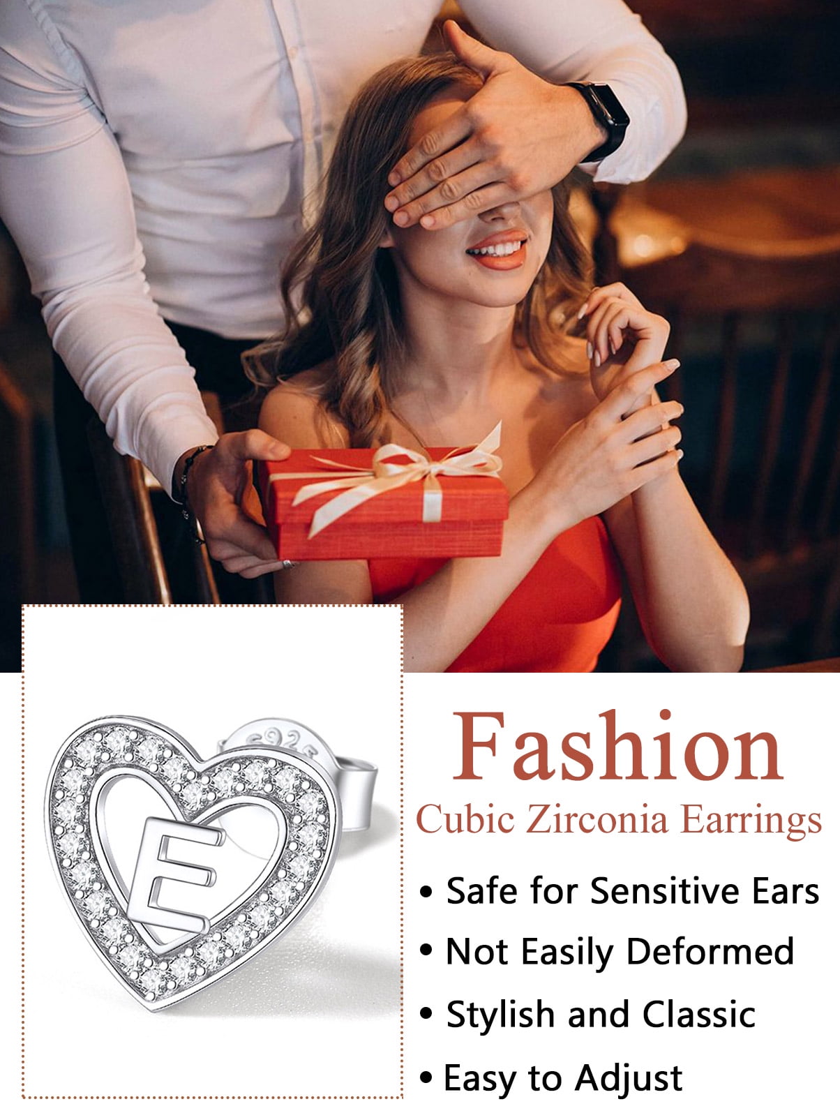 Silvora Women Cubic Zirconia Heart Earrings with Letter S, Tiny Initial Stud Earrings Hypoallergenic Jewelry for Sensitive Ears