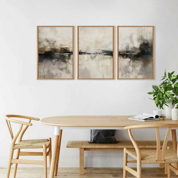 Large Neutral Black Brown Framed Canvas Wall Art Set, Abstract Gray Minimalist Beige Modern Illustration Tan Art Print for Living Room Bedroom Office 16x24x3