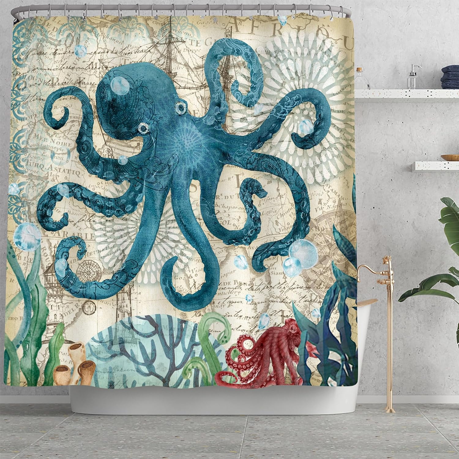 4Pcs Octopus Waterproof Shower Curtain Sets,Ocean Bathroom Sets with Shower Curtain, Toilet Lid Rug, Contour Mat and Bath Mat, 12 Hooks Gift for Bathroom Set Decor