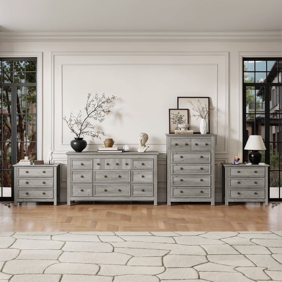 Holliwill Farmhouse 4 Pieces Bedroom Furniture Set, Wide 8 Drawer Dresser, Tall 6 Drawer Dresser and 3 Drawer Nightstand with Charging Station, Grey
