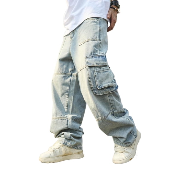 Reppunk Stylish Baggy Men Multiple pockets Carpenter Cargo Jeans Trousers Streetwear Male Solid Straight Denim Pants Classic Menswear