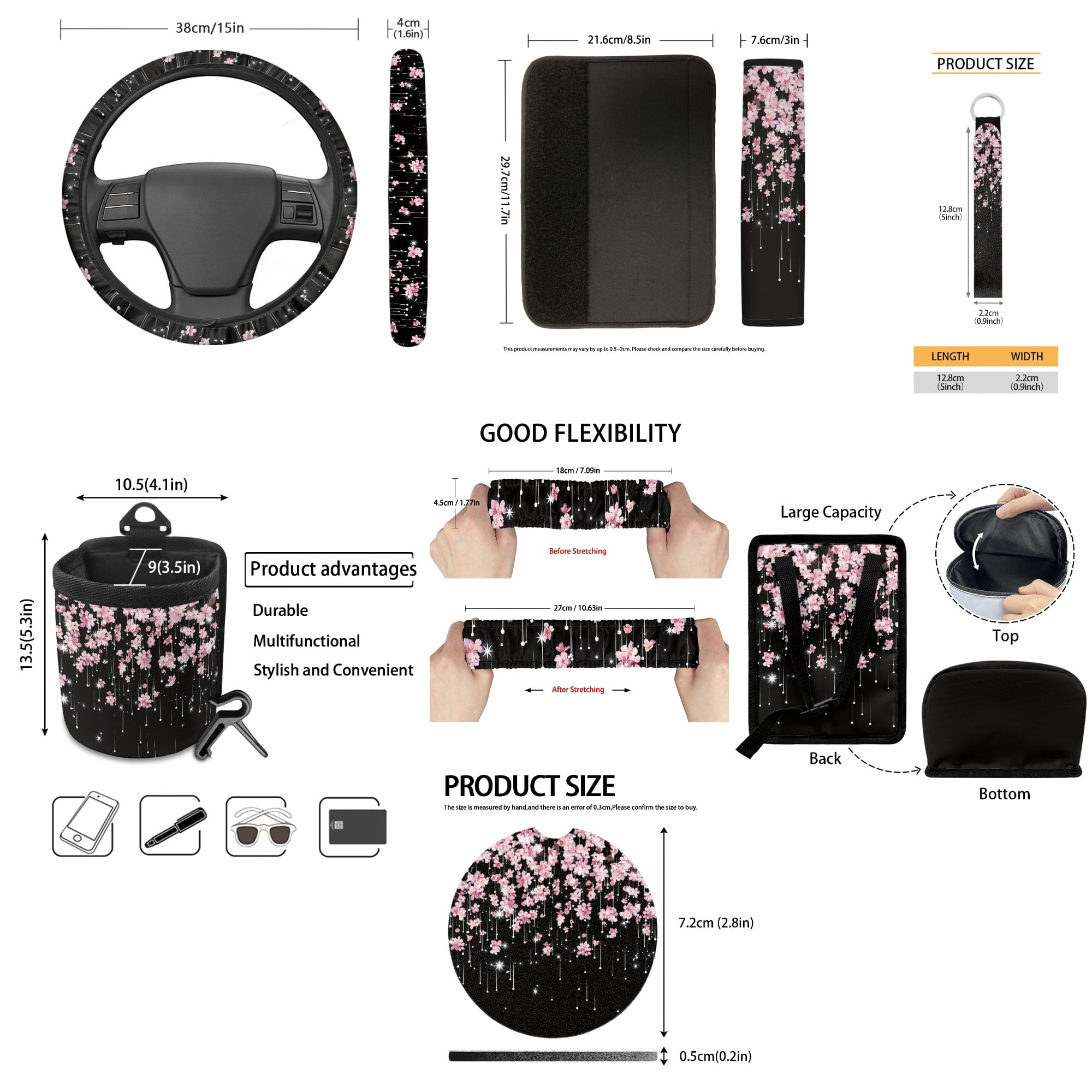 Yuyamidu Cherry Blossom Car Seat Cover Set of 15 Pink Steering Wheel Cover Seat Belt Strap Cover Trash Cans Rear View Mirror Cover Cup Coaster Keychain Air Vent Storage Bag Universal Fit