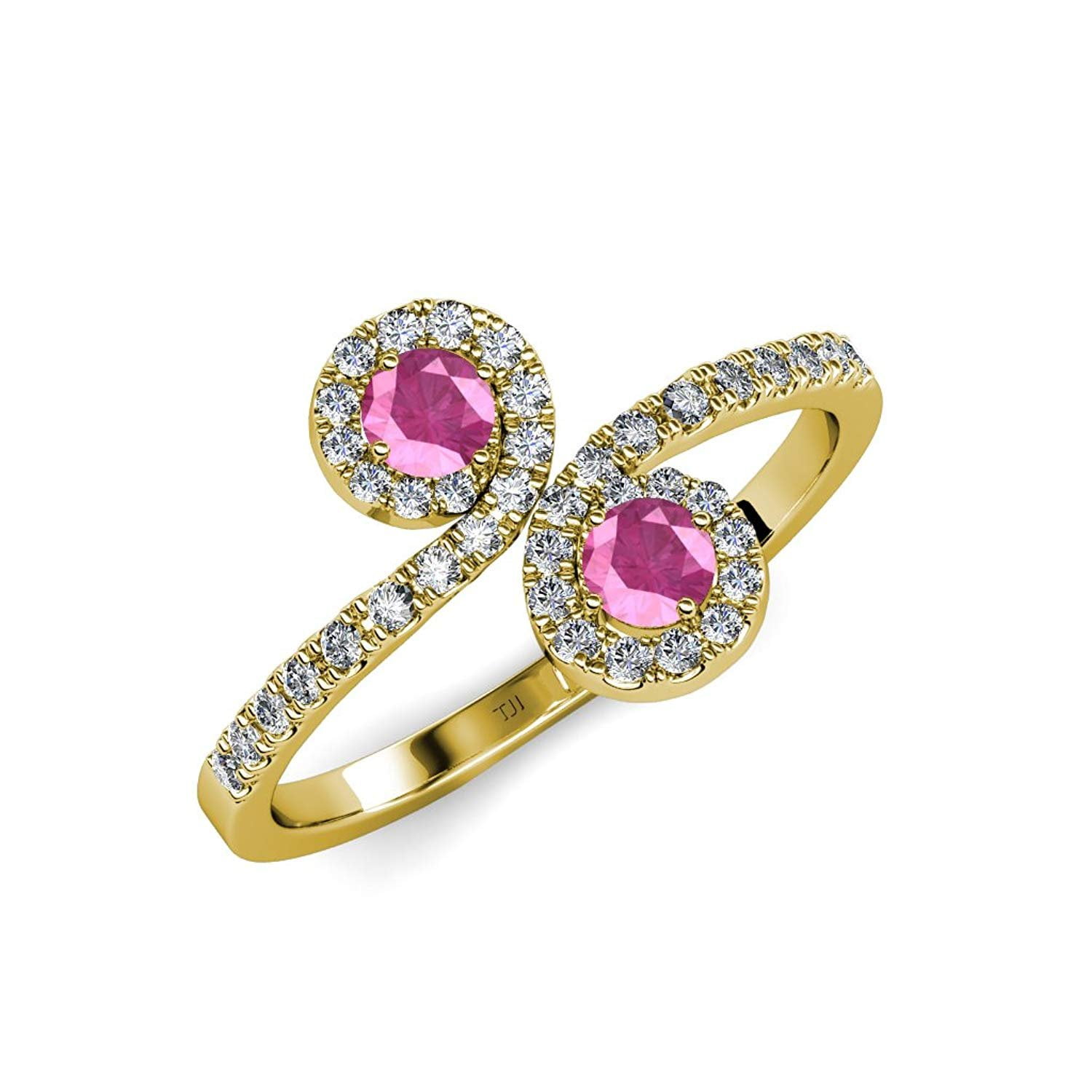 Pink Sapphire 2 Stone with Side Diamonds Bypass Engagement Ring 1.24 ct tw 14K Yellow Gold.size 8.0 by TriJewels