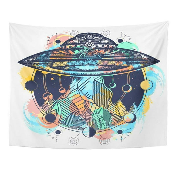 Zealgned Watercolor Space Ufo Ship And Mountains Color Tattoo Aliens Astrology Camping Kidnap Wall Art Hanging Tapestry Home Decor For Living Room Bedroom Dorm 51x60 Inch Walmart Com Walmart Com