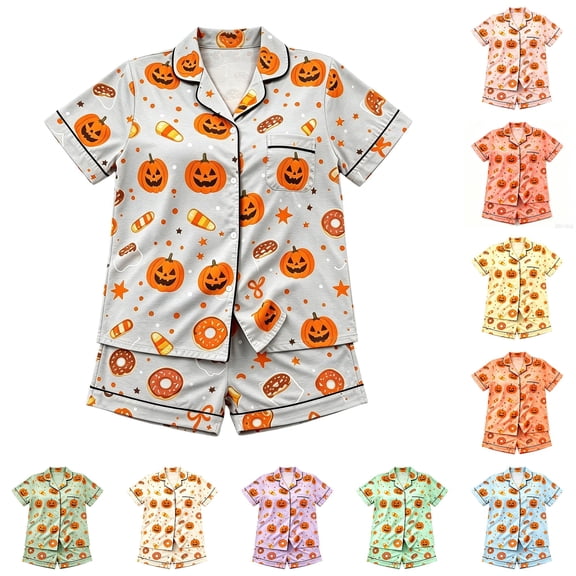 JAJAHO Girls Halloween Pajamas Pumpkin Pajama Set Short Sleeve Button Down 2 Piece Pjs 2-16Y