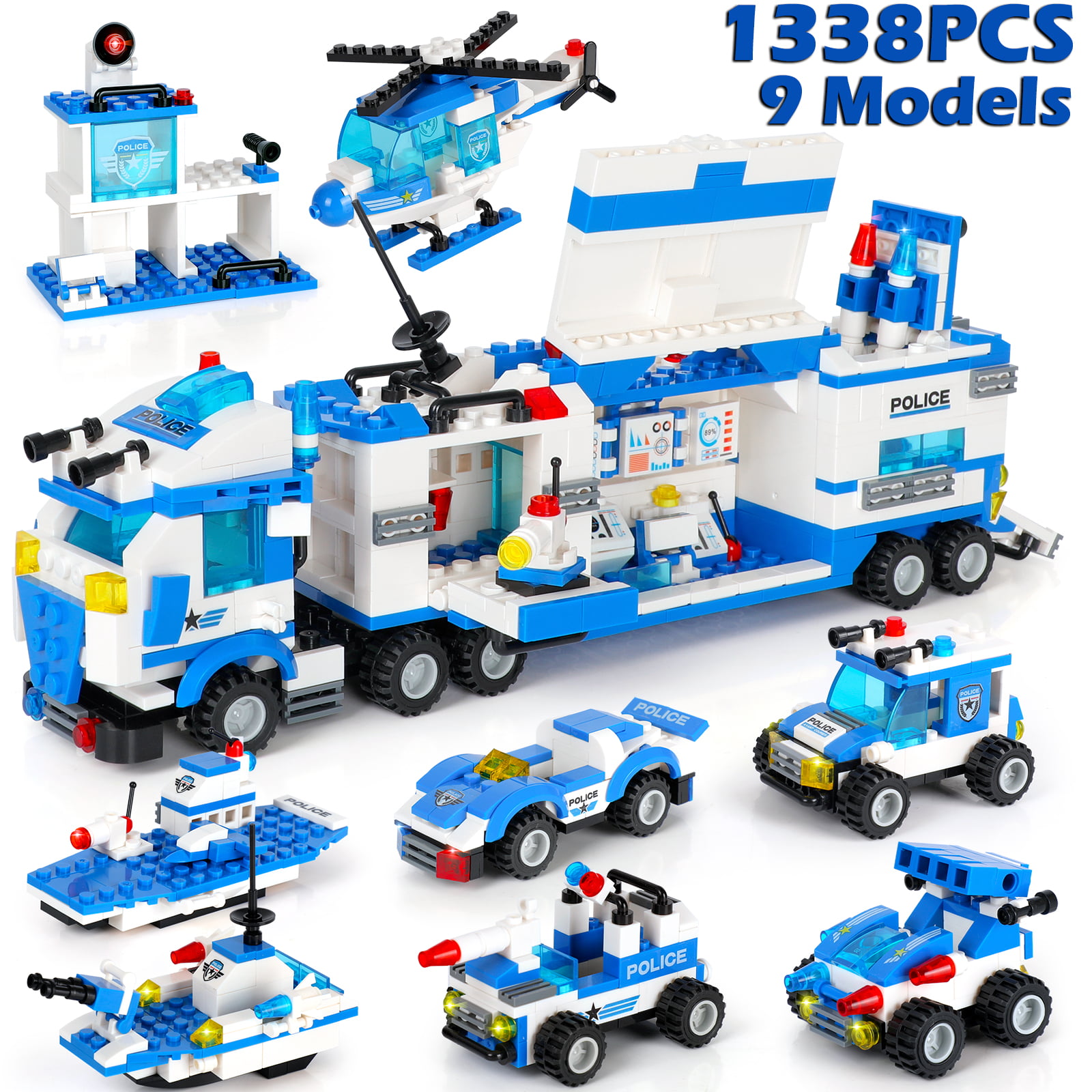 796 Pieces City Police Military Battleship Building Blocks Set Police Helicopter Patrol Boat Cop Car Bomber DIY Construction Toy Storage Box with Baseplates Lid Building Gift for Boys Girls 6-12 