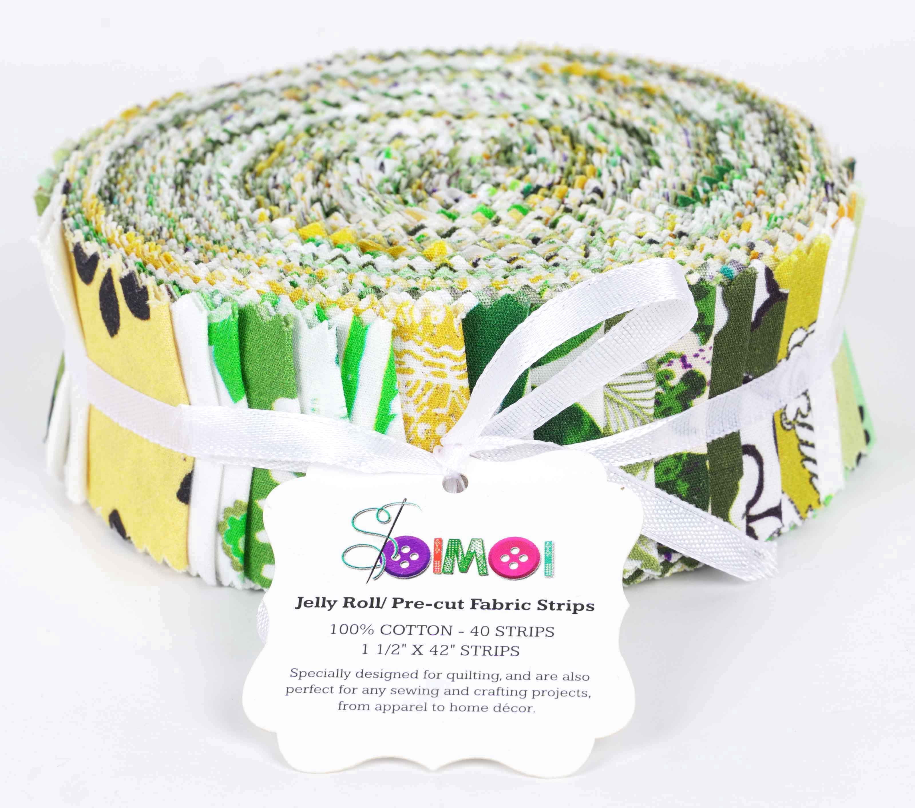 Soimoi 40Pcs Block Print Precut Fabrics Strips Roll Up 1.5x42inches Cotton Jelly Rolls For Quilting - Green