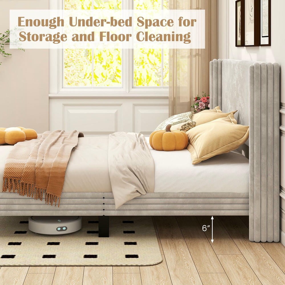 Barara King Queen Size Velvet Bedroom Bed Frame with Vertical Channel Tufted Wingback Headboard, Bed Platform Frame for Apartment, Bedroom, White