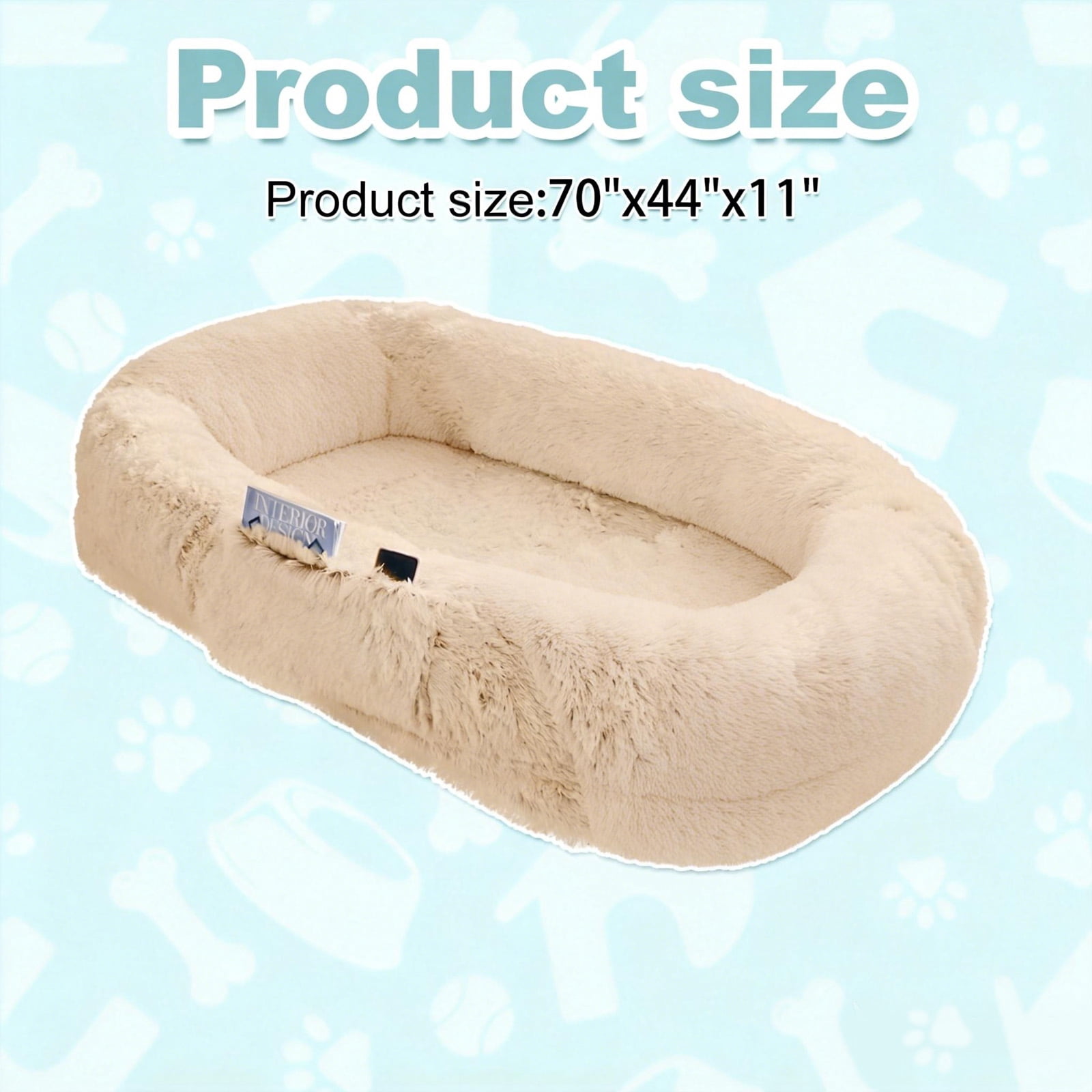 Dokdogs Oversized Human Dog Bed for Adults & Pets, 70"x44"x11" Washable Faux Fur Lounger with Orthopedic Support, Plush Pillow & Blanket Included - Beige