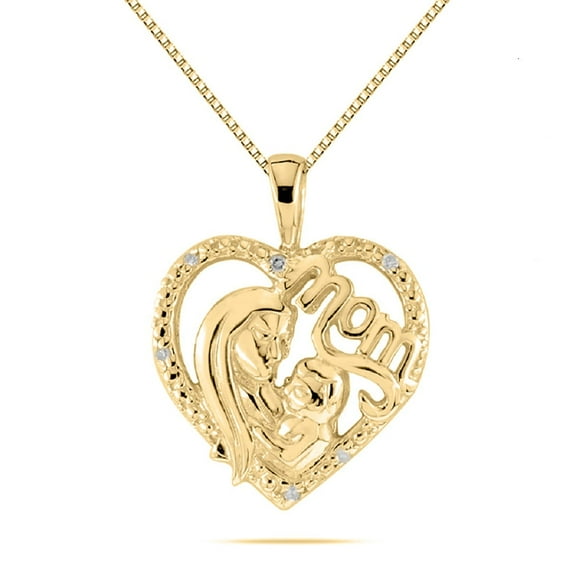Mauli Jewels Engagement Necklace for Women 0.03 Carat Diamond Heart Mom Pendant Prong 10K Yellow Gold With 18'' Yellow Rhodium Plated Silver Chain|Silver Chain