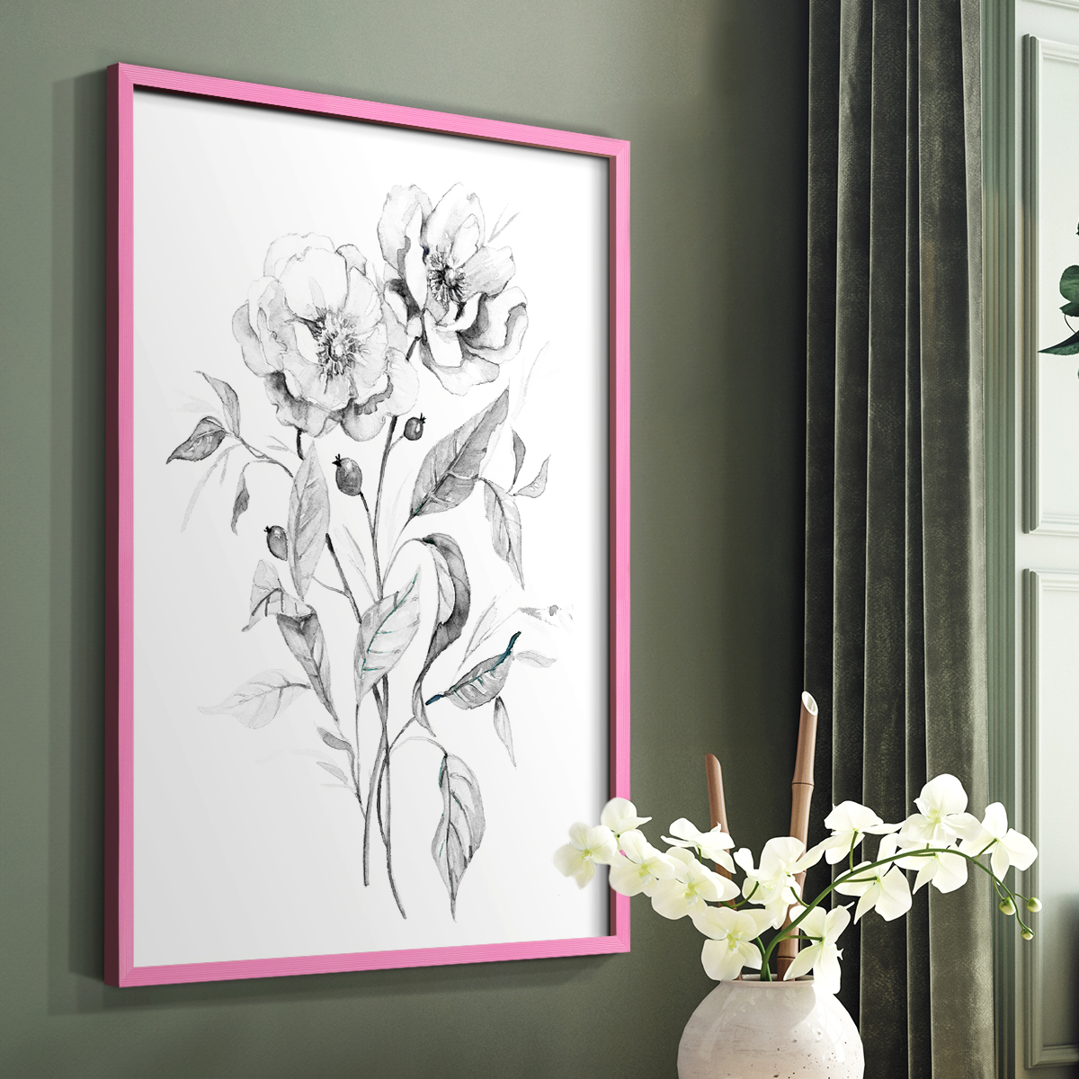 Wild Roses Sketch Framed Print in Pink Solid Wood 11 x 14 Framed Print