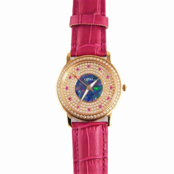 1 AMAZING ROSE 18KT ROSE GOLD PLATED AUSTRALIAN OPAL WATCH GENUINE LEATHER BAND (FRENCH PINK)