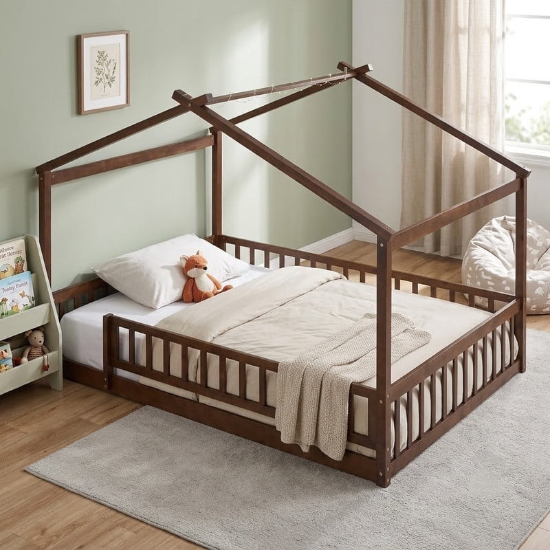 Full Size Wood House Bed with Fence and Roof Frame, Kids Floor Montessori Bed with Safety Guardrails, Sturdy Pinewood Playhouse Bed for Boys Girls
