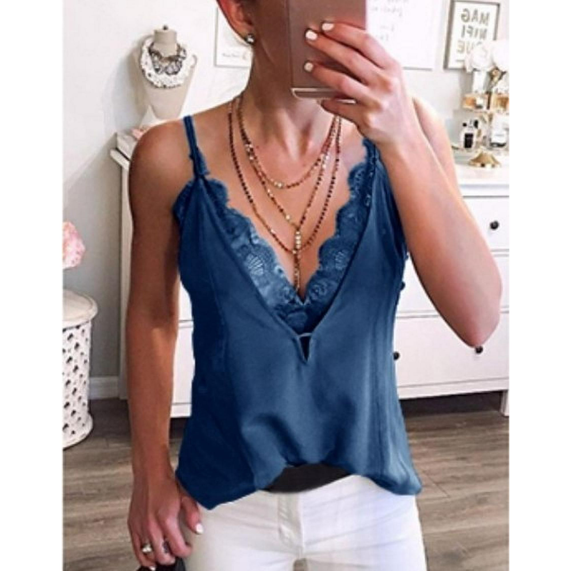 XZNGL V Debardeurs de Cou pour les Femmes Femmes Sexy V Cou Dentelle Patchwork Bretelles Decontracte Camis Gilet Debardeurs Dentelle Tops pour les