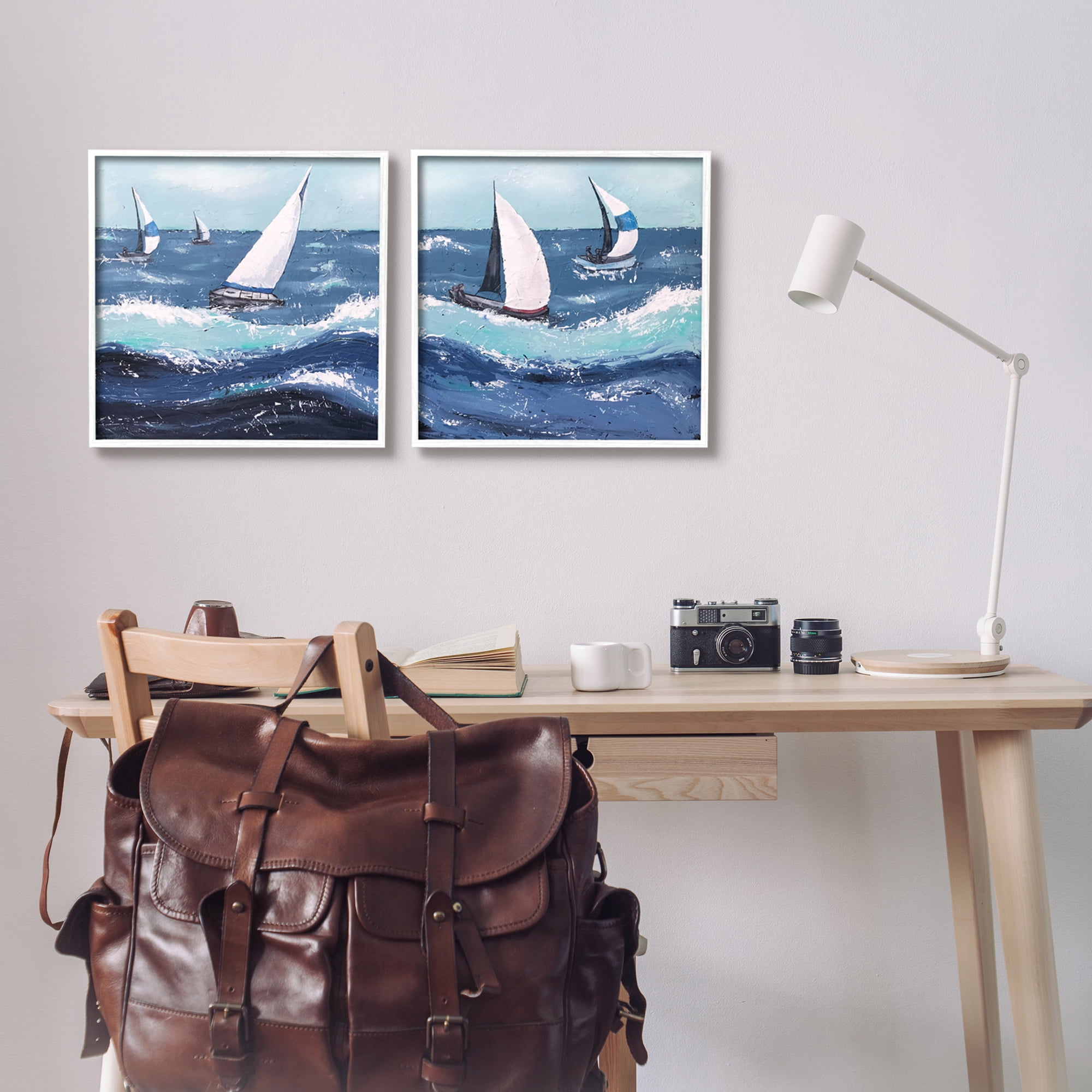 Stupell Sailboats Rough Ocean Waves Splash Landscape Painting White Framed Art Print Wall Art, Set of 2